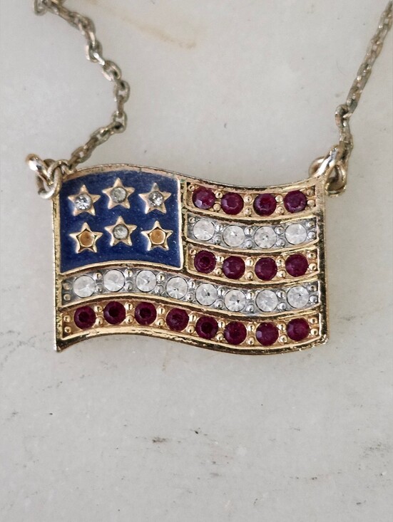 Avon Jewelry - Avon Patriotic Crystal American Flag Pendant Necklace - Gold Tone, Red & Blue